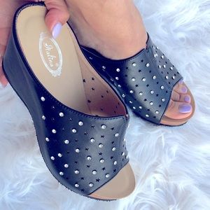 Italina Black Comfort Embellished Platform Wedge Heeled Mule Sandal